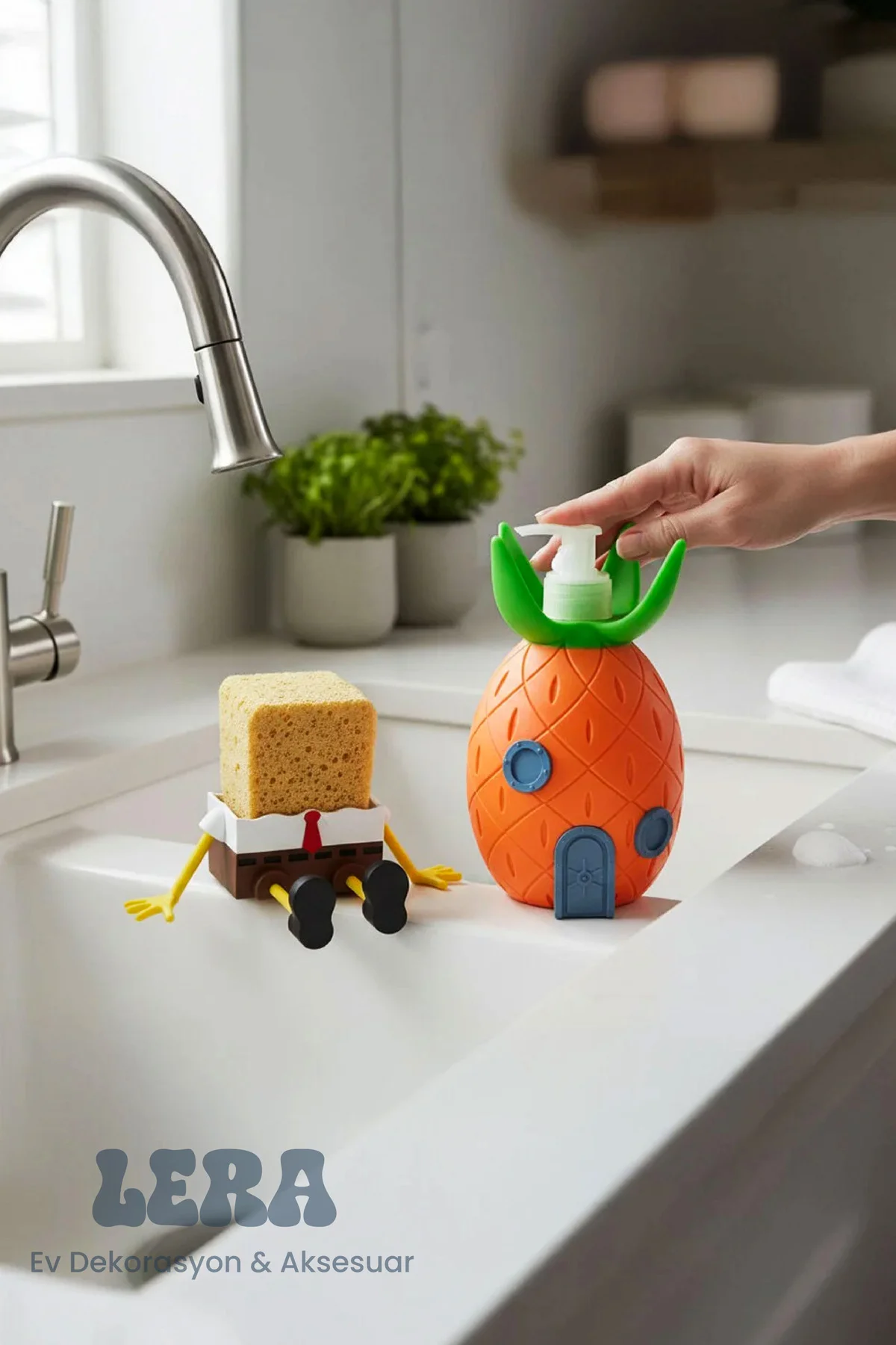 Süngerbop Sünger Tutucu ve Ananas Ev Sabunluk Seti – Dekoratif Mutfak Lavabo Düzenleyici