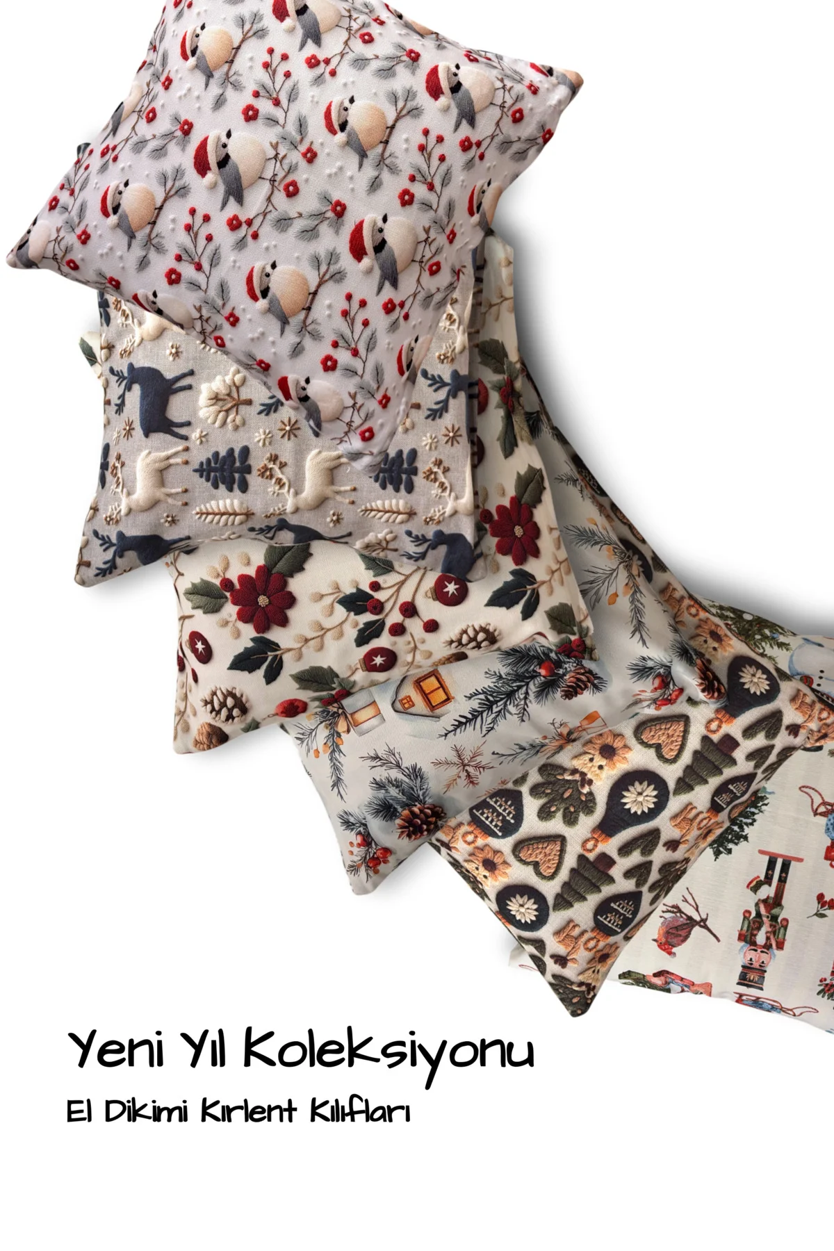 Yılbaşı Figürlü Kırlent Kılıfı 44x44 cm (Fındıkkıran, Kardanadam, Hediye)