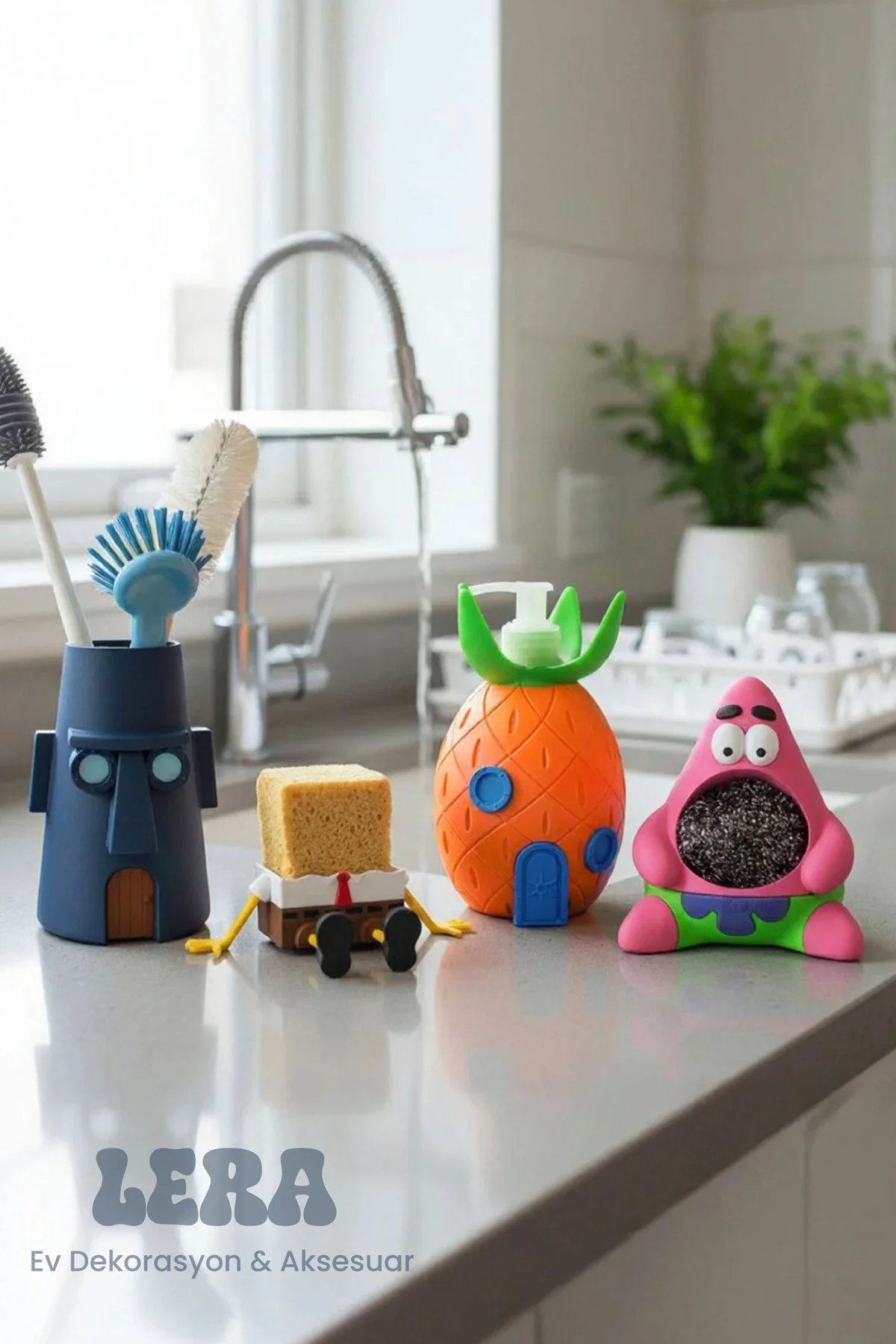 Süngerbop Temalı Mutfak Lavabo Düzenleyici 4 Parça Set – Sabunluk ve Sünger Kaşık Fırça Standı